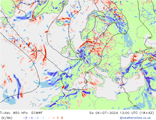 T-Adv. 850 hPa ECMWF 星期六 06.07.2024 12 UTC