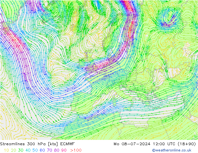 风 300 hPa ECMWF 星期一 08.07.2024 12 UTC