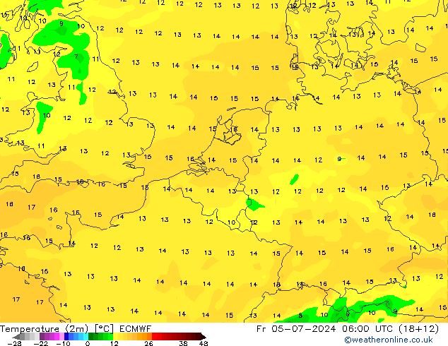 Temperatuurkaart (2m) ECMWF vr 05.07.2024 06 UTC