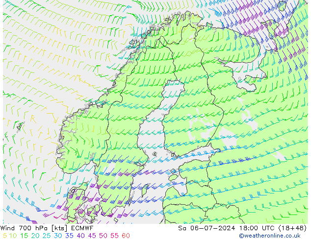 风 700 hPa ECMWF 星期六 06.07.2024 18 UTC