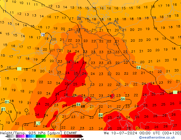 Height/Temp. 925 hPa ECMWF 星期三 10.07.2024 00 UTC