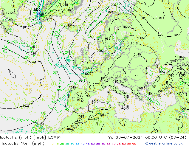 Isotachs (mph) ECMWF 星期六 06.07.2024 00 UTC