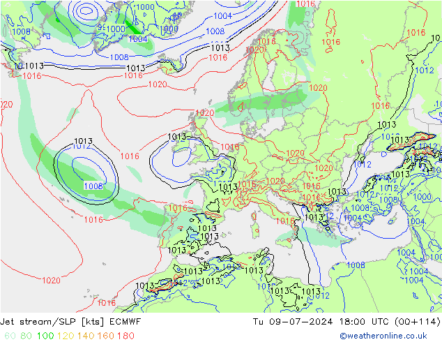 高速氣流/地面气压 ECMWF 星期二 09.07.2024 18 UTC