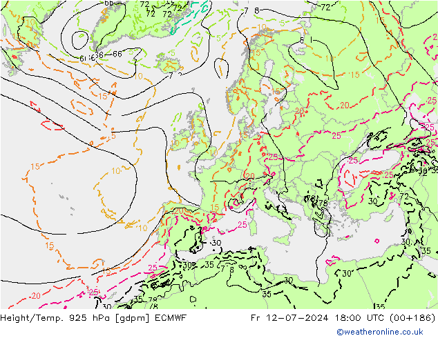 Hoogte/Temp. 925 hPa ECMWF vr 12.07.2024 18 UTC