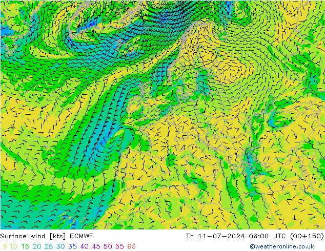 Wind 10 m ECMWF do 11.07.2024 06 UTC