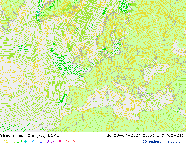 Stroomlijn 10m ECMWF za 06.07.2024 00 UTC