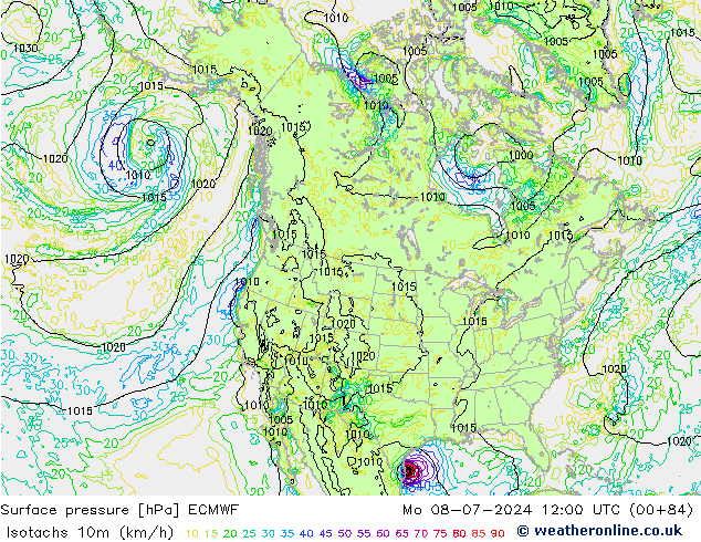 10米等风速线 (kph) ECMWF 星期一 08.07.2024 12 UTC
