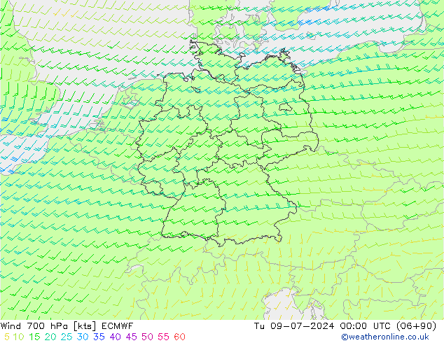 Wind 700 hPa ECMWF di 09.07.2024 00 UTC