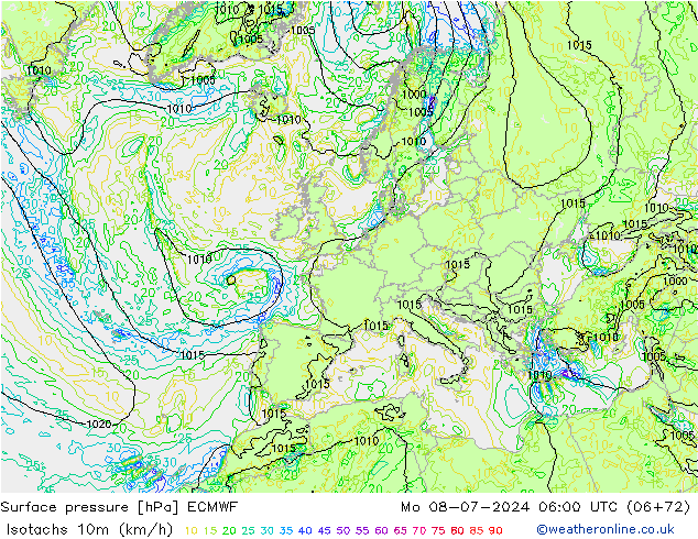 Isotachen (km/h) ECMWF ma 08.07.2024 06 UTC