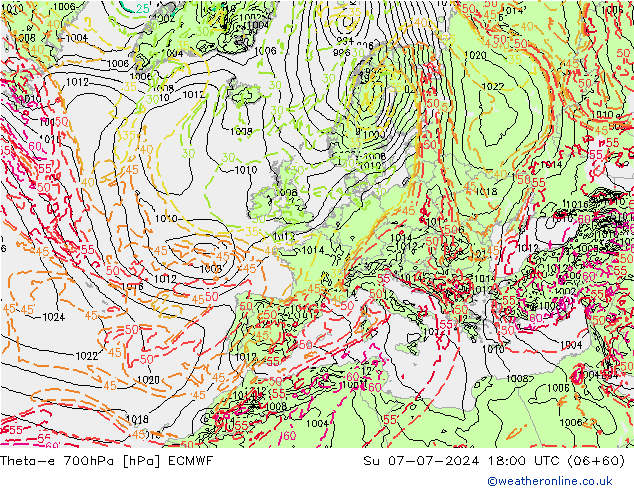 Theta-e 700hPa ECMWF zo 07.07.2024 18 UTC