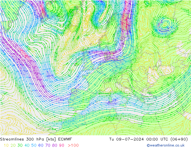 风 300 hPa ECMWF 星期二 09.07.2024 00 UTC