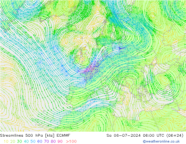 风 500 hPa ECMWF 星期六 06.07.2024 06 UTC