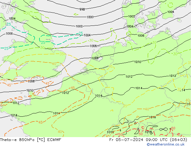 Theta-e 850hPa ECMWF 星期五 05.07.2024 09 UTC