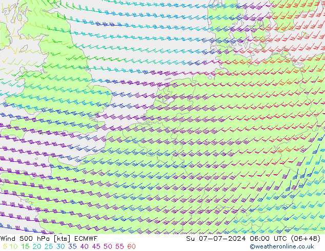Wind 500 hPa ECMWF zo 07.07.2024 06 UTC