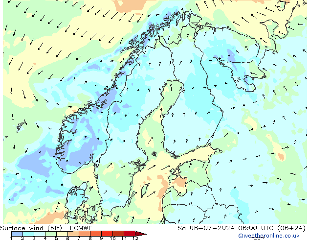 Wind 10 m (bft) ECMWF za 06.07.2024 06 UTC