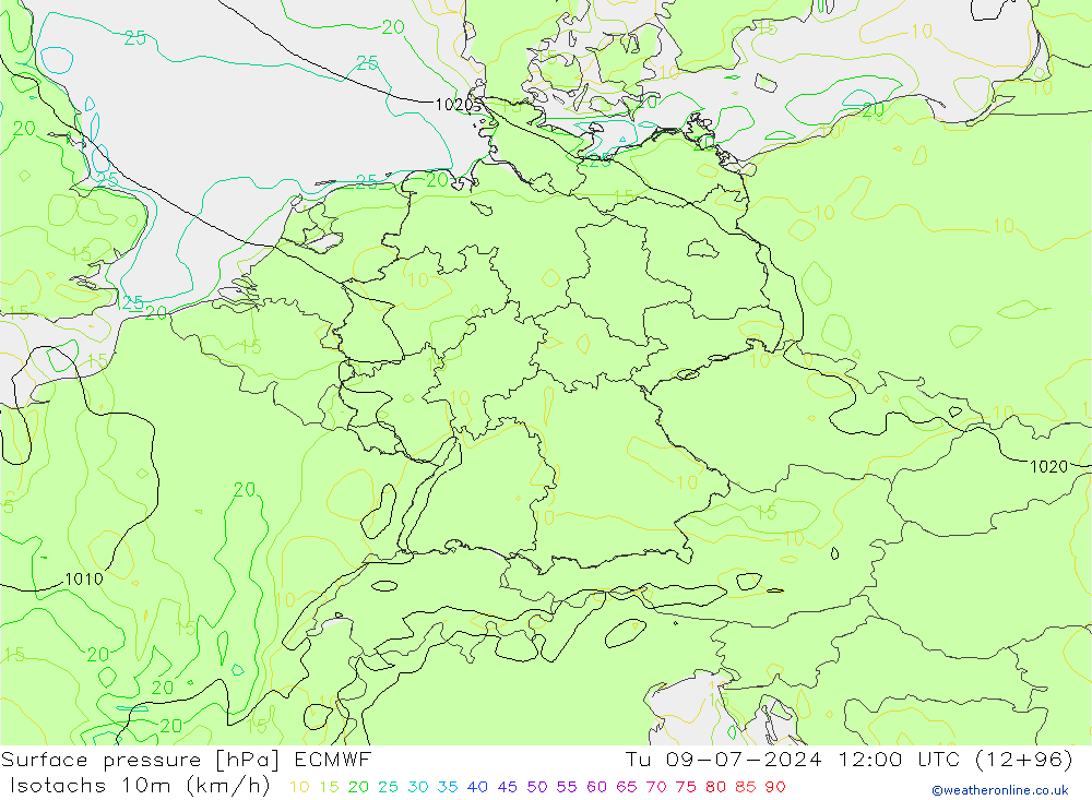 Isotachen (km/h) ECMWF di 09.07.2024 12 UTC