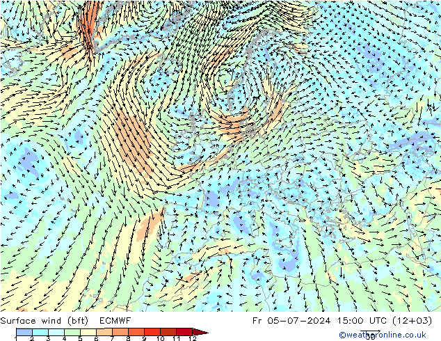 Wind 10 m (bft) ECMWF vr 05.07.2024 15 UTC