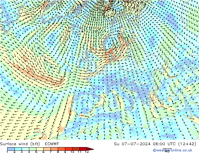 Wind 10 m (bft) ECMWF zo 07.07.2024 06 UTC