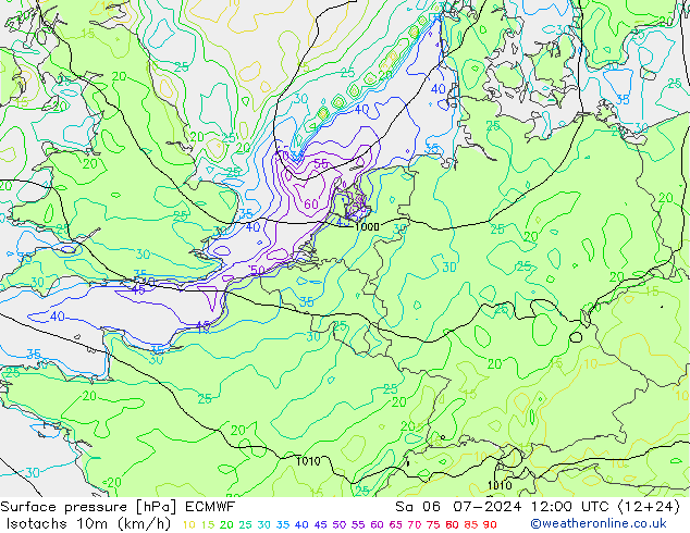 10米等风速线 (kph) ECMWF 星期六 06.07.2024 12 UTC
