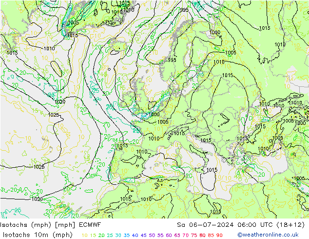 Isotachs (mph) ECMWF 星期六 06.07.2024 06 UTC