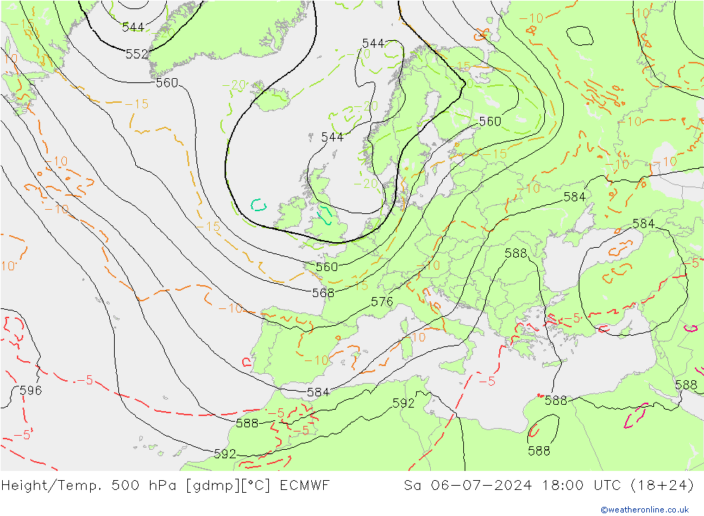 Hoogte/Temp. 500 hPa ECMWF za 06.07.2024 18 UTC