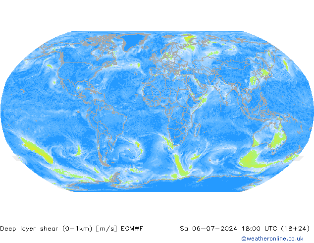 Deep layer shear (0-1km) ECMWF 星期六 06.07.2024 18 UTC
