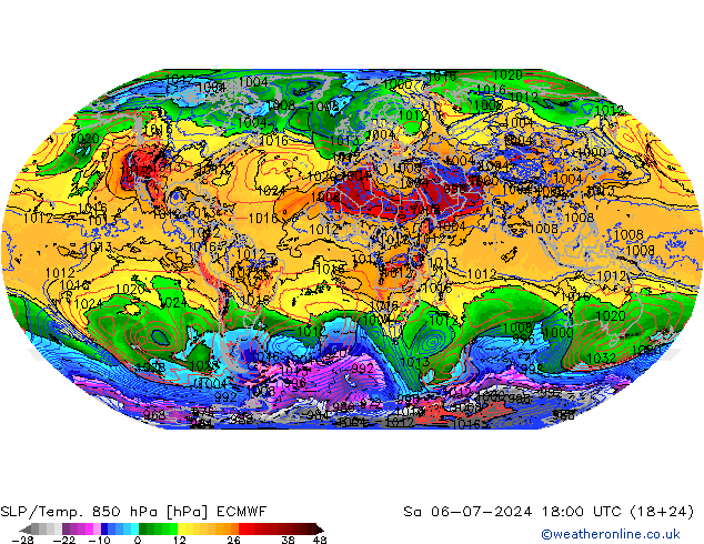SLP/Temp. 850 hPa ECMWF 星期六 06.07.2024 18 UTC