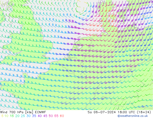 Wind 700 hPa ECMWF za 06.07.2024 18 UTC