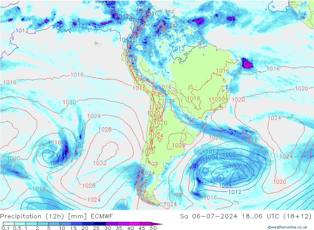 降水量 (12h) ECMWF 星期六 06.07.2024 06 UTC