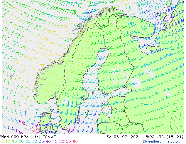 风 900 hPa ECMWF 星期六 06.07.2024 18 UTC