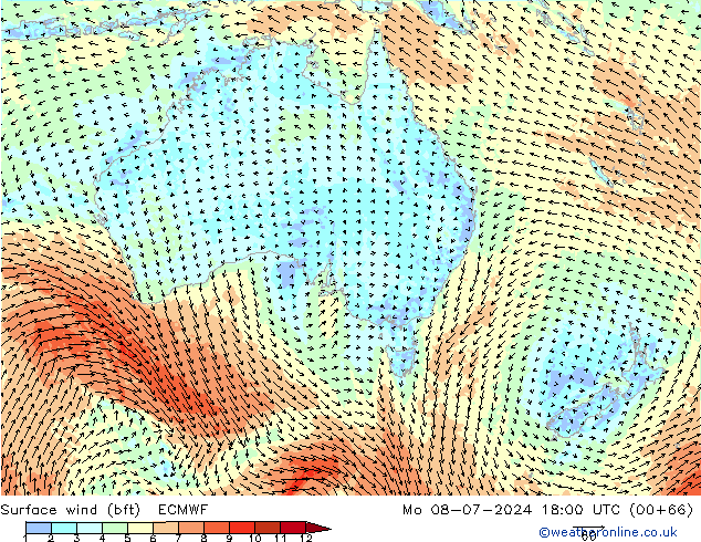 Wind 10 m (bft) ECMWF ma 08.07.2024 18 UTC
