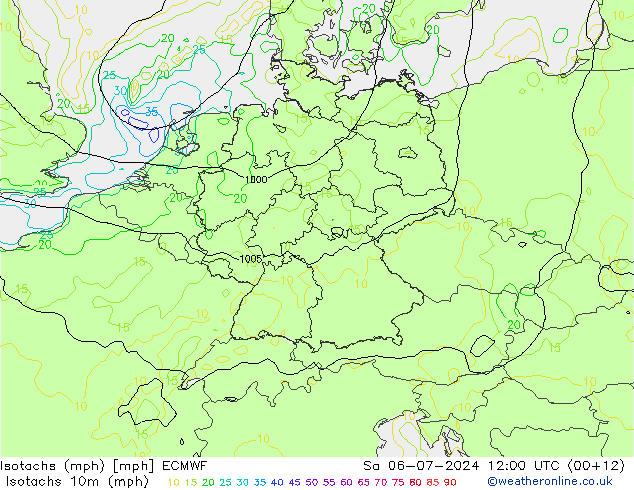 Isotachen (mph) ECMWF za 06.07.2024 12 UTC