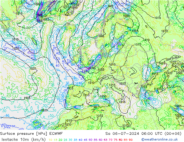 Isotachen (km/h) ECMWF za 06.07.2024 06 UTC