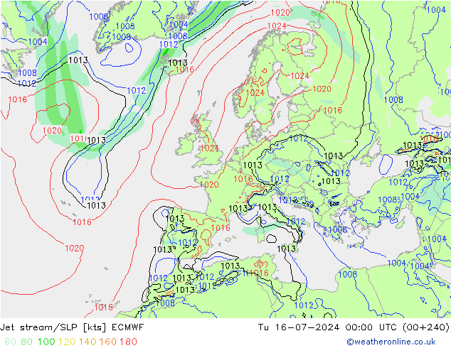 高速氣流/地面气压 ECMWF 星期二 16.07.2024 00 UTC