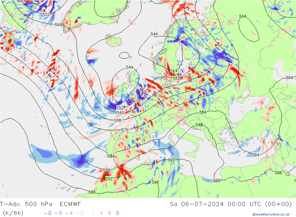 T-Adv. 500 hPa ECMWF 星期六 06.07.2024 00 UTC