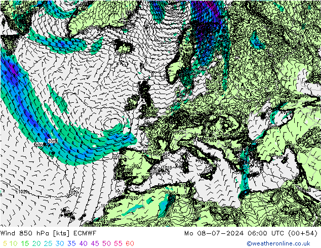 风 850 hPa ECMWF 星期一 08.07.2024 06 UTC