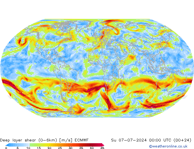 Deep layer shear (0-6km) ECMWF 星期日 07.07.2024 00 UTC