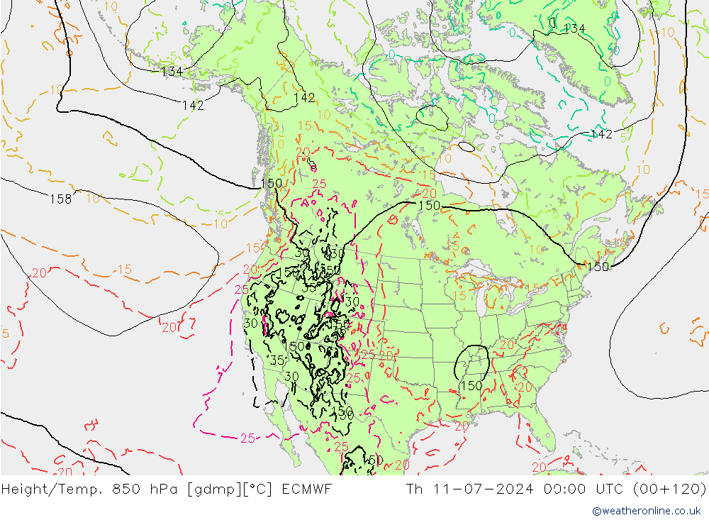 Z500/Rain (+SLP)/Z850 ECMWF 星期四 11.07.2024 00 UTC