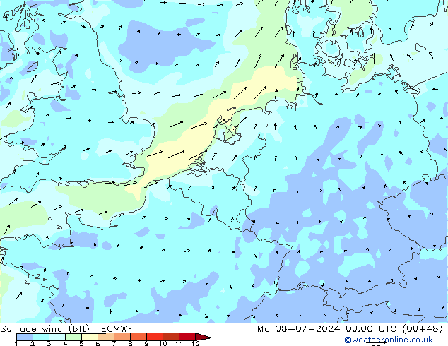 Wind 10 m (bft) ECMWF ma 08.07.2024 00 UTC