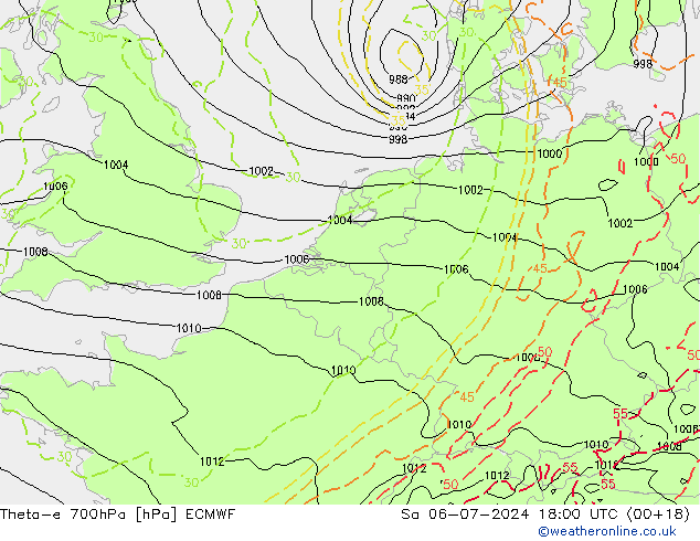 Theta-e 700hPa ECMWF 星期六 06.07.2024 18 UTC