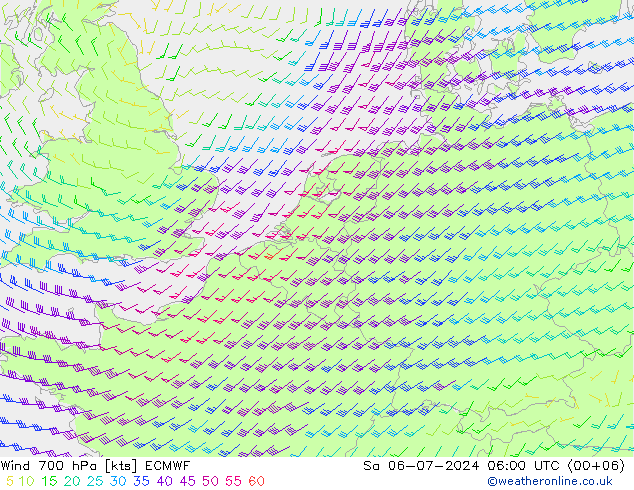 风 700 hPa ECMWF 星期六 06.07.2024 06 UTC