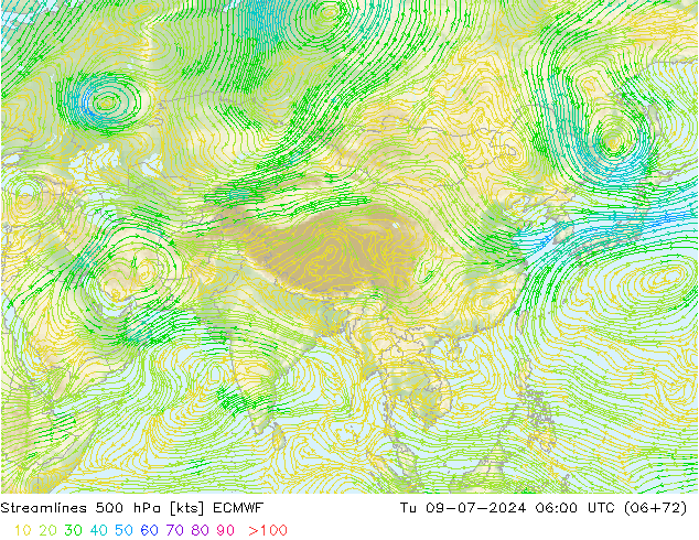 Stroomlijn 500 hPa ECMWF di 09.07.2024 06 UTC