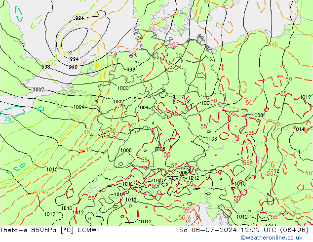 Theta-e 850hPa ECMWF 星期六 06.07.2024 12 UTC