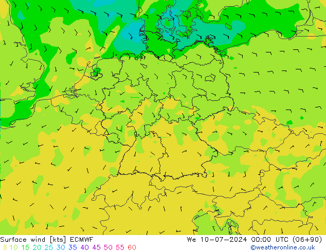 风 10 米 ECMWF 星期三 10.07.2024 00 UTC