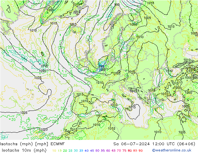 Isotachs (mph) ECMWF 星期六 06.07.2024 12 UTC