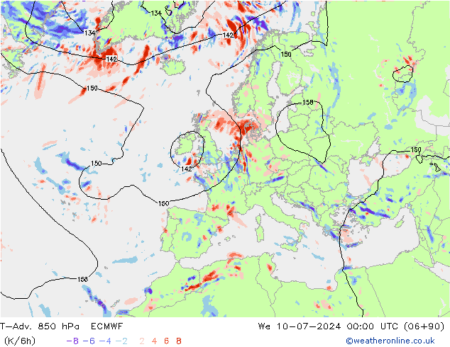 T-Adv. 850 hPa ECMWF 星期三 10.07.2024 00 UTC