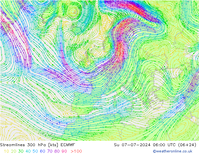 风 300 hPa ECMWF 星期日 07.07.2024 06 UTC