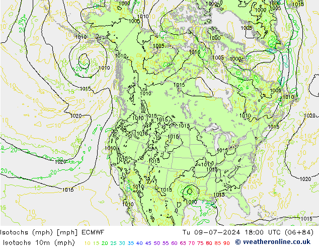 Isotachs (mph) ECMWF 星期二 09.07.2024 18 UTC
