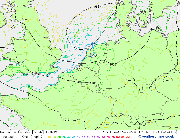 Isotachs (mph) ECMWF 星期六 06.07.2024 12 UTC