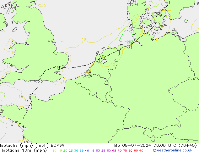 Isotachs (mph) ECMWF 星期一 08.07.2024 06 UTC